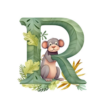 Alphabet letter R with cute monkey and tropical leaves on white background.
