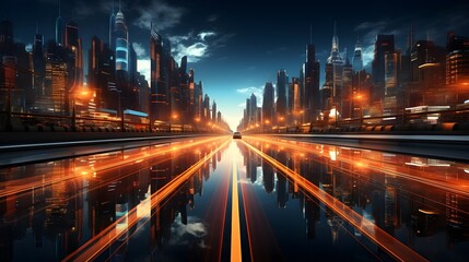 Fototapeta na wymiar Journey to the Future: 3D Rendering of Hyperloop Warp Speed with City Lights Blur in Mega City at Night