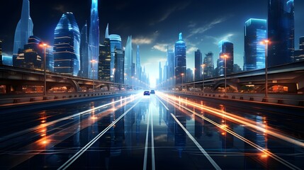 Fototapeta na wymiar Journey to the Future: 3D Rendering of Hyperloop Warp Speed with City Lights Blur in Mega City at Night