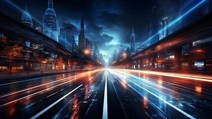 Journey to the Future: 3D Rendering of Hyperloop Warp Speed with City Lights Blur in Mega City at Night