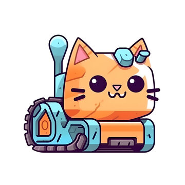 Cute cat with robotic vacuum cleaner. Vector illustration in cartoon style.