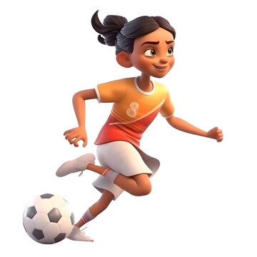 Cartoon character of a young girl playing football with a soccer ball