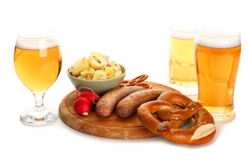 Glasses and mug of cold beer with different snacks on white background. Oktoberfest celebration