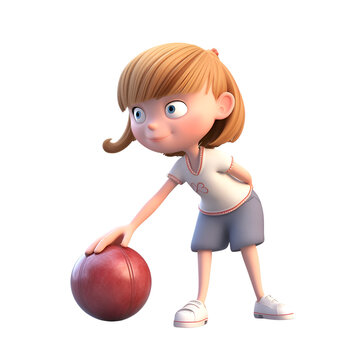 3d rendering of a cute little girl playing basketball isolated on white background