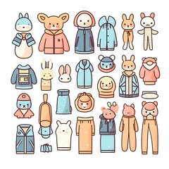 Set of cute cartoon characters in winter clothes. Hand drawn vector illustration.