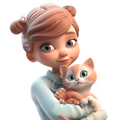 3D rendering of a cute cartoon girl with a cat on a white background