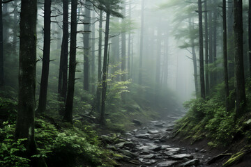 Fototapeta premium Misty Serenity: Peaceful Smoky Mountain Woods in Morning Fog