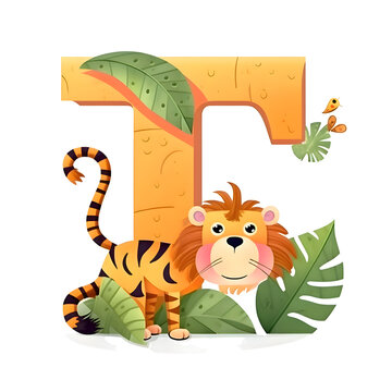 Alphabet letter T with cute lion and tropical leaves. Vector illustration.