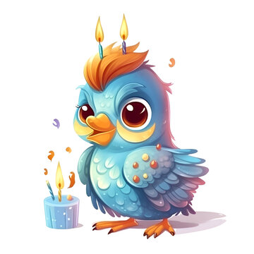 Cute cartoon blue bird with candle. Vector illustration isolated on white background.