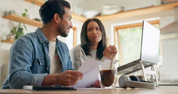 Home, talking and couple with a laptop, paperwork and communication with investment, financial planning and internet connection. Documents, man and woman with technology, speaking and website info