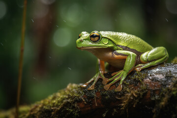 Image of green frog in nature forest. Amphibian. Illustration, Generative AI.