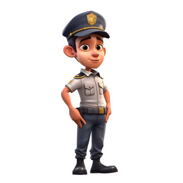 3D Render of Little boy with police cap and uniform pose on white background