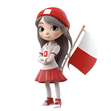 3d illustration of a cute cartoon girl holding a poland flag