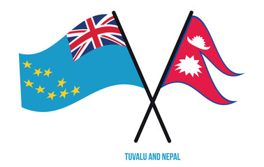 Tuvalu and Nepal Flags Crossed And Waving Flat Style. Official Proportion. Correct Colors.
