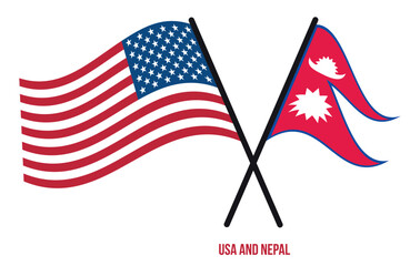 USA and Nepal Flags Crossed And Waving Flat Style. Official Proportion. Correct Colors.