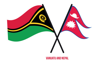 Vanuatu and Nepal Flags Crossed And Waving Flat Style. Official Proportion. Correct Colors.