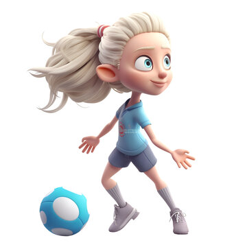 3D Render of a Little Girl playing soccer isolated on white background