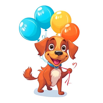 Cute cartoon dog with balloons. Vector illustration isolated on white background.