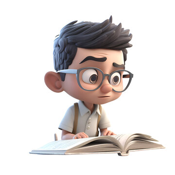 3D illustration of a cartoon character with glasses reading a book.