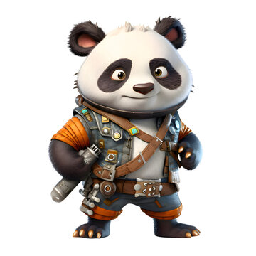 3D rendering of a cartoon panda warrior isolated on white background