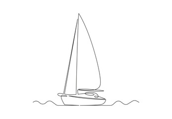 Continuous line drawing of a sailboat in the sea. Minimalism art. Stock illustration. Premium vector. 