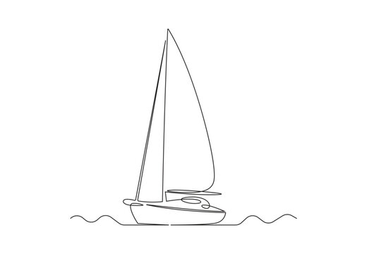 Continuous line drawing of a sailboat in the sea. Minimalism art. Stock illustration. Premium vector. 