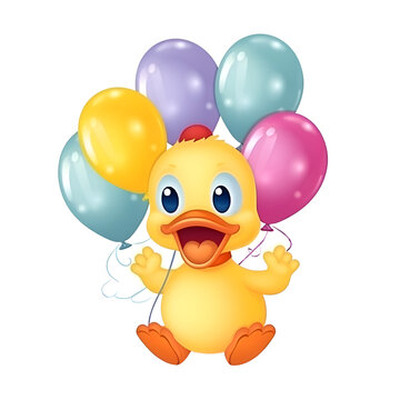 Cute duck with balloons isolated on white background. Vector illustration.