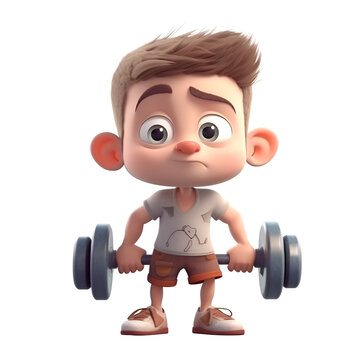 3D Render of a Cartoon Boy with dumbbells on white background