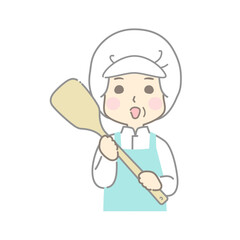 大きいヘラを持つ調理スタッフの女性（給食センター・食堂・厨房・食品加工）