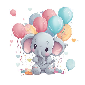 Cute cartoon elephant with balloons. Vector illustration isolated on white background.