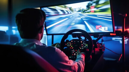 A gamer with a headset playing car racing with a steering wheel controller