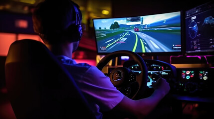 A gamer with a headset playing car racing with a steering wheel controller