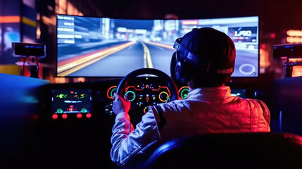 A gamer with a headset playing car racing with a steering wheel controller