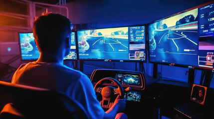 A gamer with a headset playing car racing with a steering wheel controller