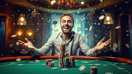 A happy man winning poker in casino and money flying around him - obrazy, fototapety, plakaty