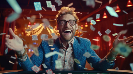 Fototapeta na wymiar A happy man winning poker in casino and money flying around him