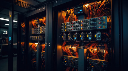 Electrical distribution cabinet. Panel with wires and switches at enterprise