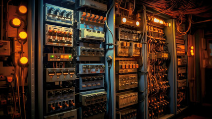 Electrical distribution cabinet. Panel with wires and switches at enterprise