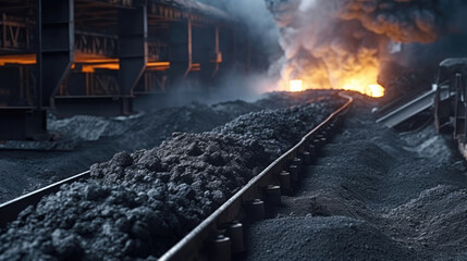 Coal being transferred on a conveyor belt underground