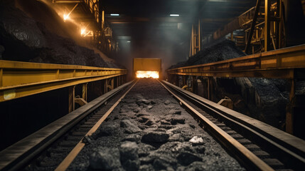 Fototapeta na wymiar Coal being transferred on a conveyor belt underground