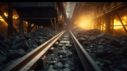 Fototapeta na wymiar Coal being transferred on a conveyor belt underground