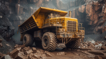 A yellow haul truck in the mine