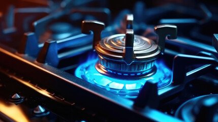 Fototapeta na wymiar Close-up of gas stove with blue fire
