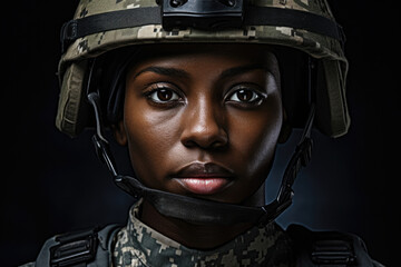 Young black woman wearing military uniform including camouflage fatigues and a helmet. She is ready for war to protect and serve her country