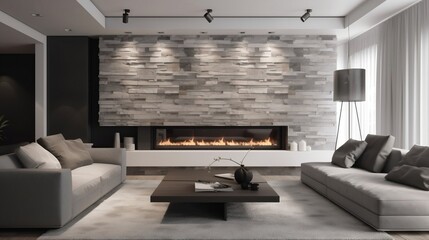 Fireplace decorated with stone tiles in minimalist interior design of modern living room with sofa generative ai