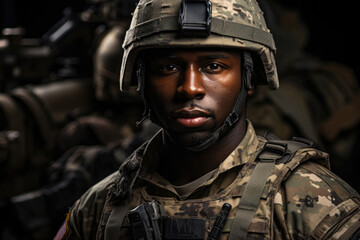 Soldier Portrait Face, Black African Man wearing camouflage uniform