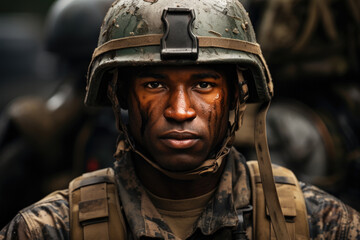 Soldier Portrait Face, Black African Man wearing camouflage uniform