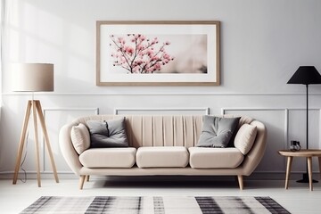 interior design, Beige couch standing against white wall with molding and watercolor poster in cozy living room interior. created generative ai.
