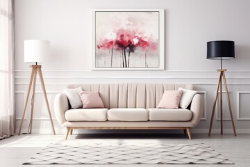 interior design, Beige couch standing against white wall with molding and watercolor poster in cozy living room interior. created generative ai.
