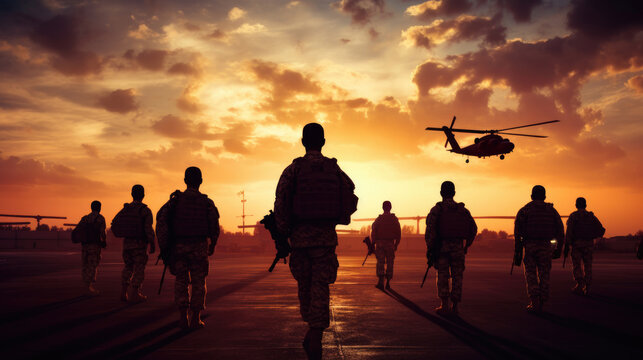 Military silhouettes of soldiers and airforce against the backdrop of sunset sky.